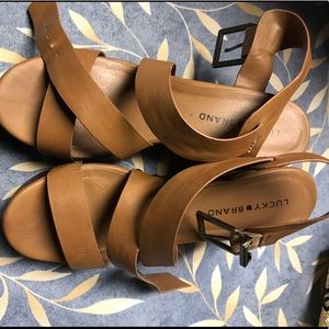 Lucky brand brown cross strap wedges